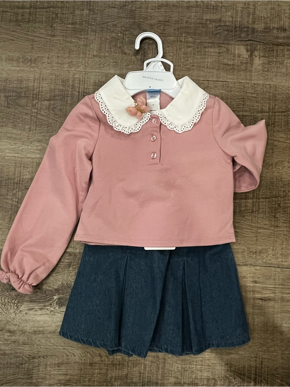 Draper James Pink Top with White Eyelet Collar and Navy Skirt Kids Matching Set